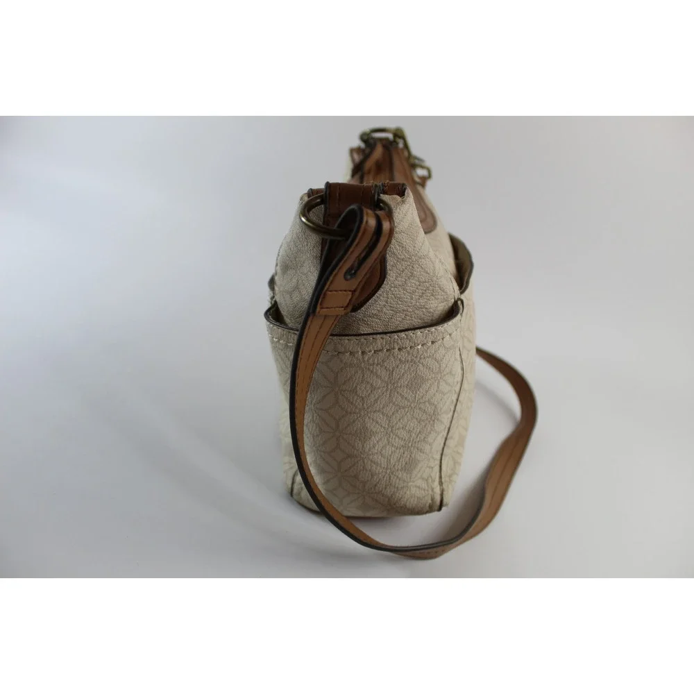 Rosetti Satchel Handbag Beige Geometric Print Brown Faux Leather Strap Pockets